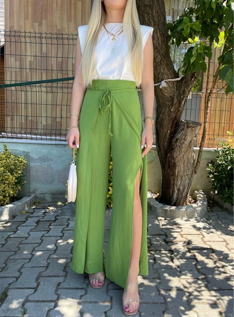 Yağ Yeşili Yırtmaçlı Pantolon 